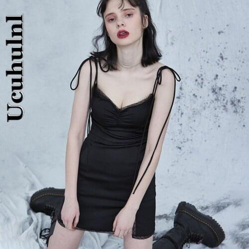 Ucuhulnl Sexy Lace Edge Split Dress Women Summer Elegant Party Black Backless Bodycon Mini Dress Female Dresses Streetwear Goth