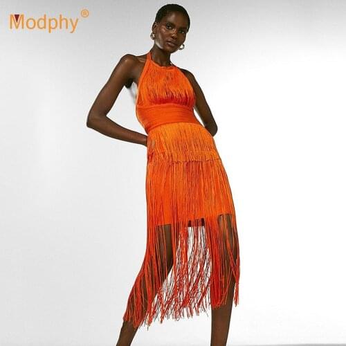 Women Orange tassel Bandage Dress Sexy Halter Collar Backless Bodycon Dresses Club Party Evening Runway Vestidos 2021 Summer New