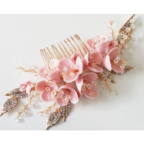 Gold Rhinestone Leaf Bridal Hair Comb Blush Pin Wedding Headpiece Brides Side Tiara Party Prom Bridesmaid Hair Jewelry Braids