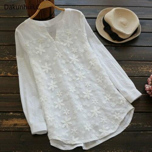 2021 Summer Women V Neck Embroidery Blouse Autumn Elegant Lace Patchwork Long Sleeve Shirt Loose Top Work Blusa Plus Size