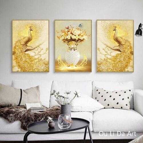 New no frame golden peacock flower vase 3pcs canvas printings oil painting printed on canvas home wall art decoration picture