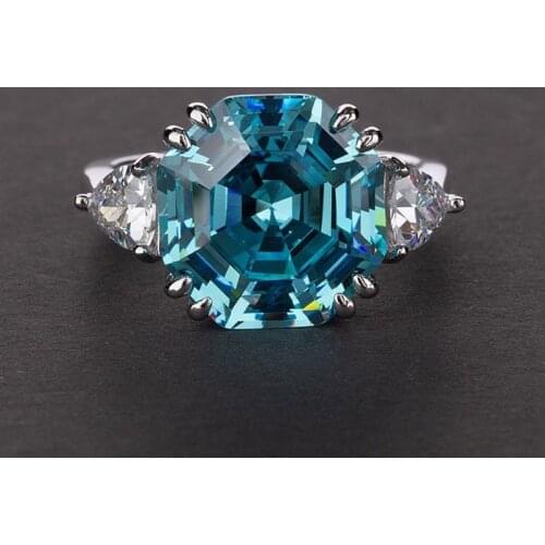 925 Sterling Silver Asscher Cut Created Simulation Moissanite Aqumarine Gemstone Wedding Engagement CZ Ring Women Jewelry