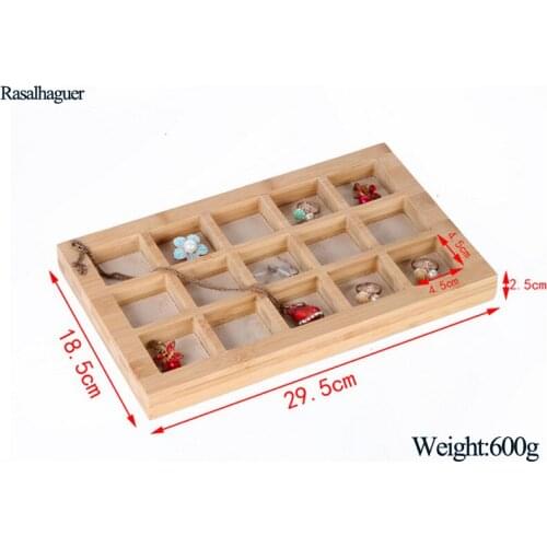 In Stock Bamboo 15 Grids Jewelry Display Tray Earrings Nexklaces Pendants Rings Jewelry Props Simple Jewelry Packaging sales