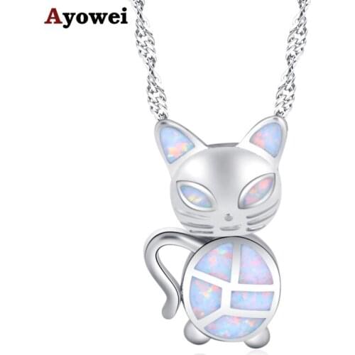 Ayowei Kitten silver plated Print White Fire Opal Pendant Necklace Charming Romantic Valentines Day Gift OP838A