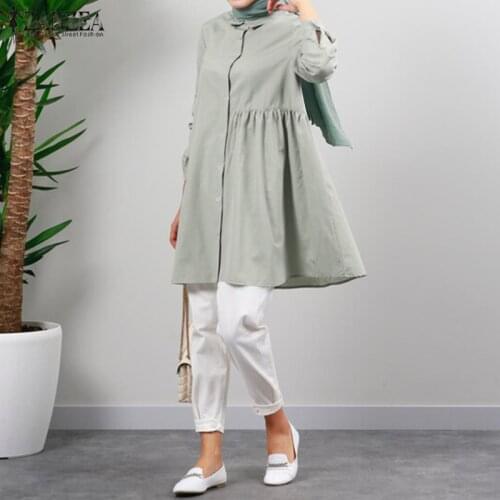 ZANZEA Spring Autumn Ruffle Blouse 2021 Fashion Muslim Tops Casual Solid Long Sleeve Single-breasted Pullover Blusa Tunic Tops