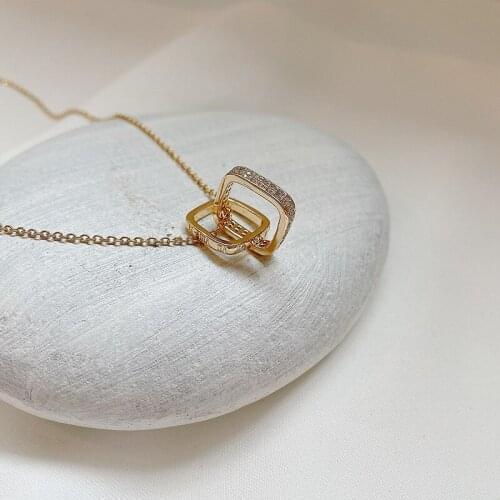 GSOLD New Trendy Hollow Square Letter Zircon Pendant Necklace Simple Temperament Titanium Steel Thin Chain Women Jewelry 2021