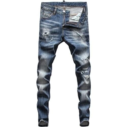 European Street Fashion Men Jeans Retro Blue Elastic Slim Ripped Jeans Men Destroyed Vintage Designer Hip Hop Denim Punk Pants