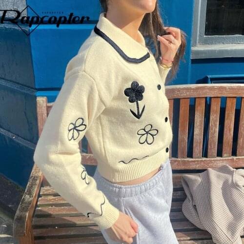 Rapcopter Floral Knitted Cardigans Grunge Long Sleeve Cute Jumpers Turn Down Collar Autumn Winter Sweaters Women Knitwear Sweet