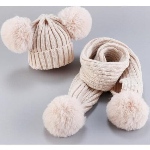 KEAIYOUHUO 2020 Newborn Children Hat Thread Baby Kids Oversize Matching Woolen Hat+Scarf Suit Boys Warm Hat Girls Knit Scarf 3Y