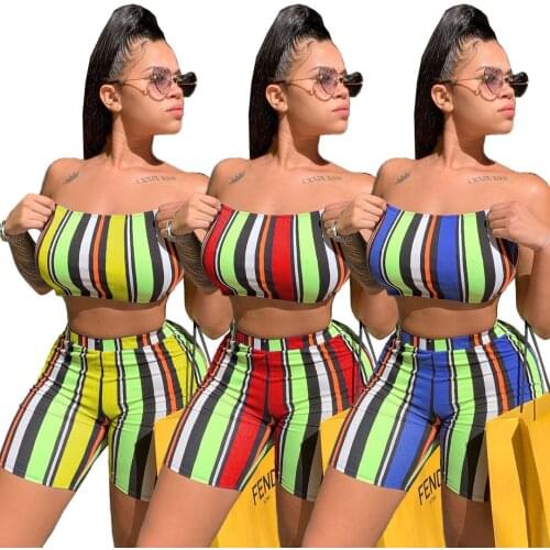 Striped Summer 2 Pieces Short Sets Sexy Sleeveless off Shoulder Crop Top and Biker Shorts Fashion Beach Wear 2021 Bathing Suits