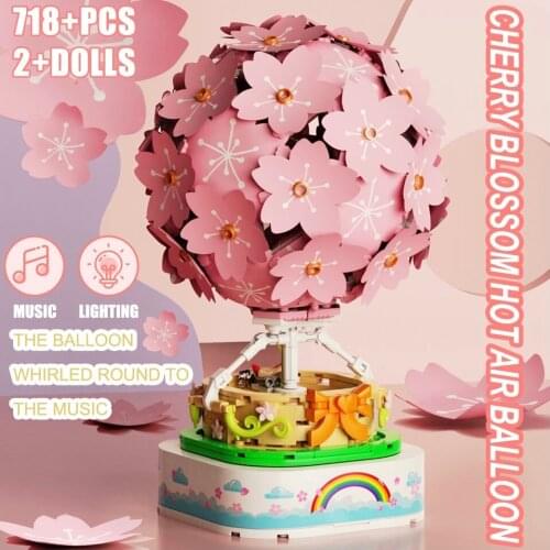 Creation DIY Sakura Rotating Music Box Building Blocks Hot Air Balloon Light Bricks Educational Children Toys Girl Gifts