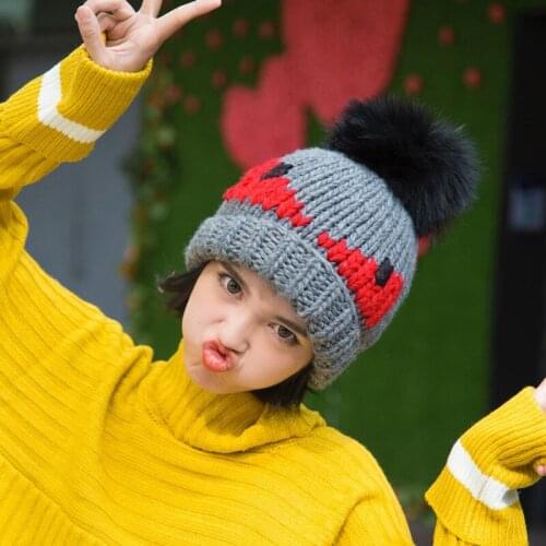 Mingjiebihuo New autumn and winter Hand-knit little monster fur ball cuffs adult hats Simply-knit hat women girls