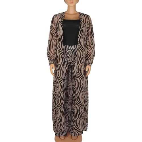 Fashion African Women Clothes Three-piece Set Printed Chiffon Cardigan Long Cloak Coat Stretch Vest +Wide Leg Pants Matching Set