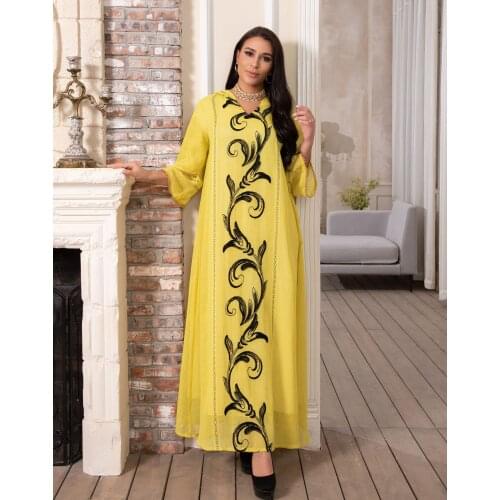 Aligaia Fashion Yellow Embroidery Dress For Women 2021 Summer New Dubai Turkey Muslim Hijab Dress Islam Dresses Clothing Robe