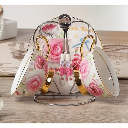 CERAMIC COFFEE CUP AND SAUCER SETS VALENTINES DAY GIFT ROSE PATTERN BRITISH AFTERNOON TEA TEA SET 2 SETS WITH RACK