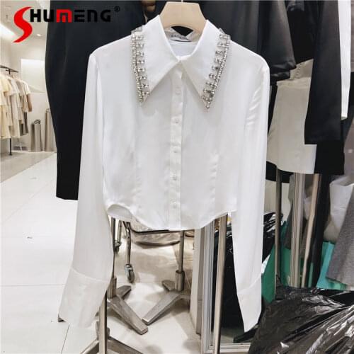 2021 Early Autumn New Diamond-Embedded Polo Collar Western Style Slimming Draping Short Shirt Top