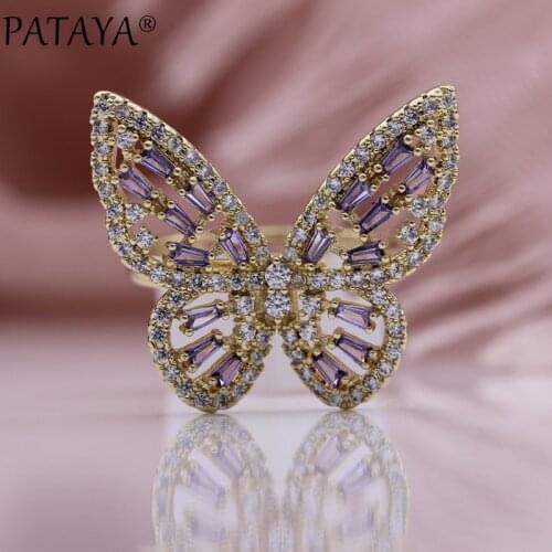 PATAYA New Cute Purple Butterfly Hollow Open Rings Square Natural Zircon Romantic Fashion Jewelry 585 Rose Gold Women Small Ring