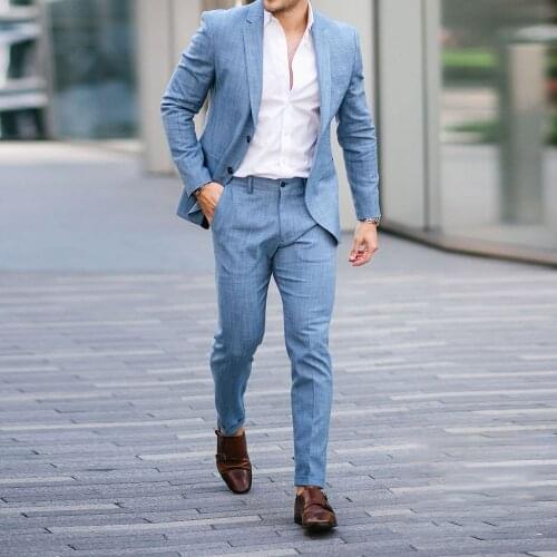 Jacket+Pants) Sky Blue 2 Piece Single Breasted Groom Tuexdos For Wedding Formal Prom Suit Party Evening Blazer Custom Made