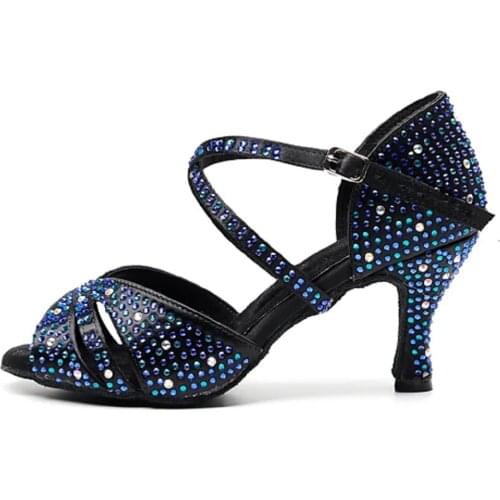 Blue Rhinestone Ballroom Latin Dance Sandals Women Salsa Waltz Swing Rumba Shoes Black Satin Shoes Multiple Heel Height ALS047