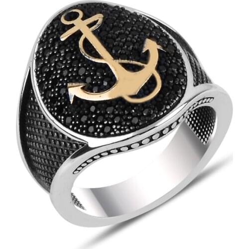 Silverlina Silver Zircon Stone Anchor Men Rings