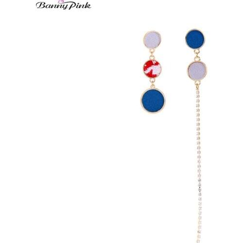 Banny Pink Asymmetric Geometric Round Statement Stud Earrings For Women New Korea Cotton Denim Crystal Chain Pendant Earrings