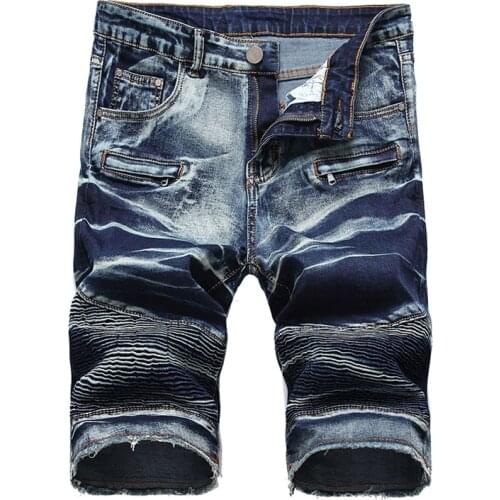 New Mens male slim straight biker shorts for motorcycle Tie and dyed pleated slim straight stretch denim jeans Summer Capri