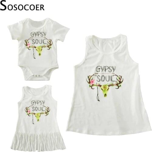 SOSOCOER Mother Daughter Dress Clothes Letter Romper Tassel Dress T Shirt 2017 Summer Cartoon Deer Matching Mom Baby Family Look
