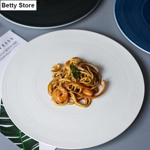 Modern Flat Brushed Striped Ceramic Plate Round Western Dinner Plate Pasta Steak Plate Plates Dinner Restaurant Kitchen Utensils