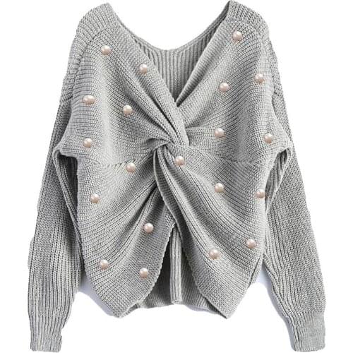 Sexy Deep V Neck Loose Womans Sweater Long Sleeve With Plastic Pearl Irregular Backless Knitted Jumpers Female Pullovers