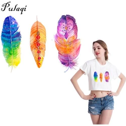 Pulaqi Iron On Transfer Patch Colorful Feather Stickers Heat Transfer Vinyl Patches For Clothes Applique Thermal Stripe Washable