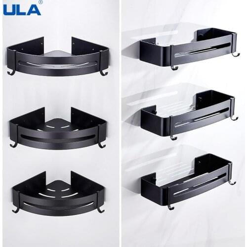 ULA Corner Shelves Black Shower Storage Rack Black Corner Shelves Wall Mounted Aluminum Toilet Shampoo Soap Holder Free Punch