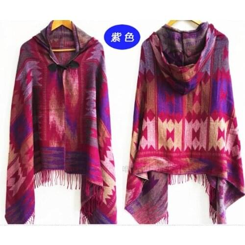 2021 Autumn Winter Woman Cloak Hood Tops Female Stole Thick Ethnic Plaid Jacquard Hooded Cape Pashmina Scarves Shawls