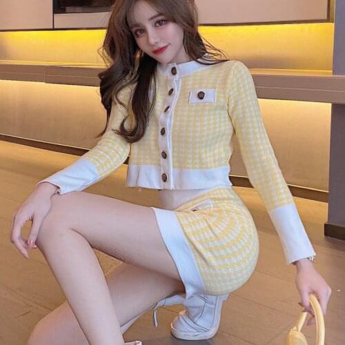 2020 Spring Autumn Korean Japanese 2 Piece Set Women Short Long Sleeve Knitted Jacket + Bodycon Mini Skirt Set Sweat Suits Women