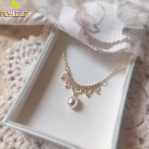 Flyleaf Crown Luxury Zircon Pearl Gold Necklaces & Pendants Real 925 Sterling Silver Necklace For Women Fine Jewelry Wedding