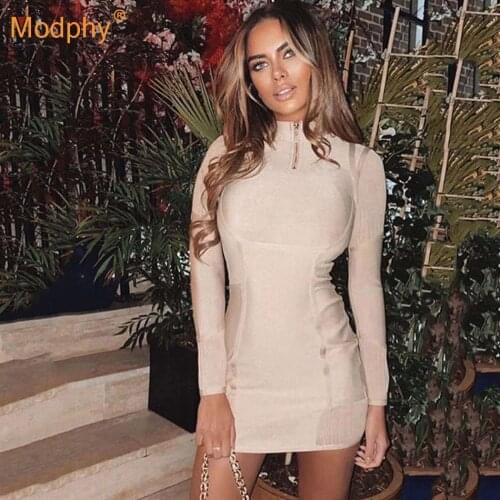 2021 Spring Fashion WomenS Bodycon Bandage Dress Sexy Stand-Up Collar Zipper Nude Long Sleeve Club Evening Party Dress Vestidos