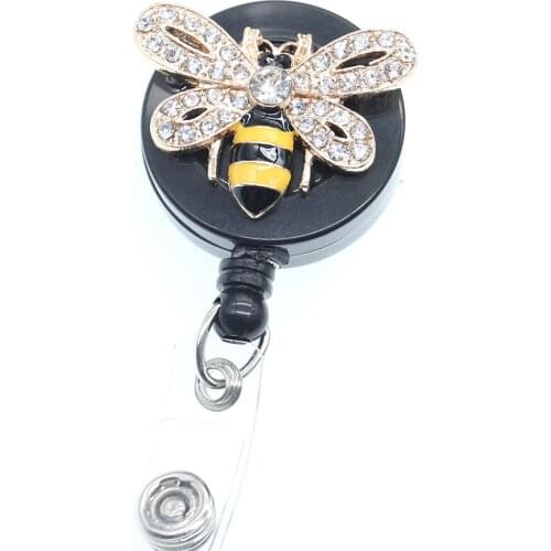 100pcs/lot Bling Rhinestone Bumble Bee Brooch Retractable Badge Reel Holder Clip