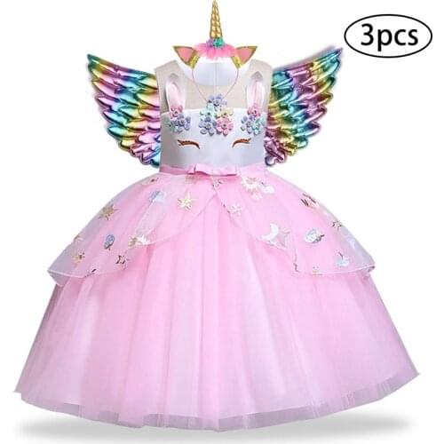 New Girls Dress 3Pcs Kids Dresses For Girl Unicorn Party Dress Christmas Carnival Costume Child Princess Dress 3 5 6 8 9 10 Year