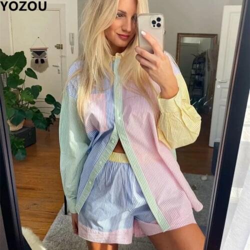 YOZOU Striped Woman Blouses 2021 Button Up Long Sleeve Collared Oversize Shirt Tops Chic Bf Sexy Basic Color Contrast Pink Blue