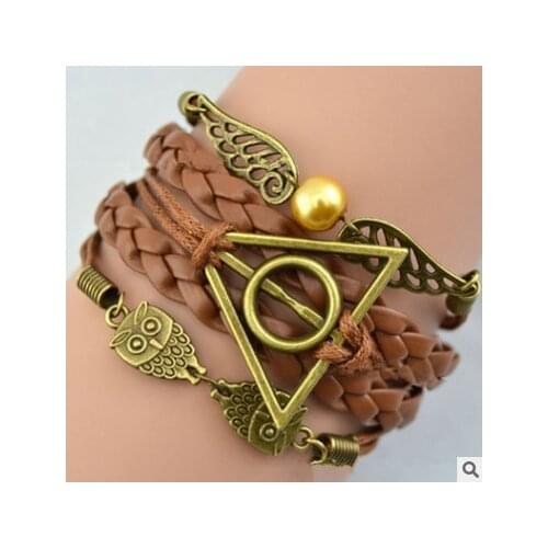 ZRM 20pcs/lot Wholesale Fashon Jewelry Vintage Bronze Charm Potter Magic Hallows Bracelet For Women Owl Wing Bracelet Gifts