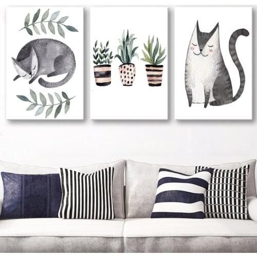 Black And White For Abstract Art Canvas Printings Water Color Cat Fox Birds Wall Decorations Bedroom Boho Decor Poster Printing