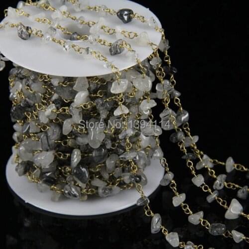 Black Quartz Rutilated Chips Beaded Chain, Wire Wrapped Chip Beads DIY Chain