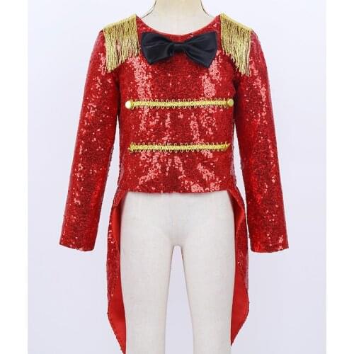 ChicTry Kids Halloween Cosplay Party Long Sleeves Shiny Sequin Bowtie Fringe Swallow-Tailed Coat Girls Circus Ringmaster Costume