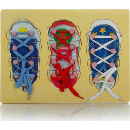 Tying Tie Shoelace Toys Kids Wooden 3d Puzzles Baby Educational Shoe Model Jigsaw Montessori Kindergarten Supplies Children Gift