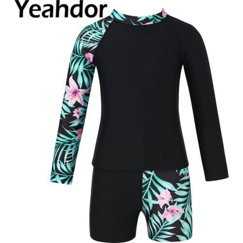 Kids Girls Swimwear Swimsuit Long Sleeves Asymmetric Print Tops and Shorts Set Beach Pool Water Park Swimming Bathing Suits