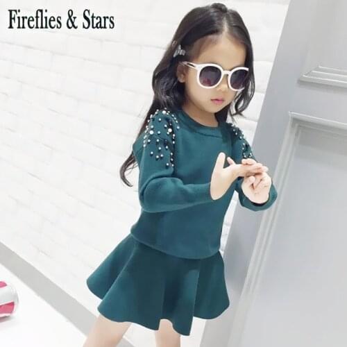 Spring Winter girls 2 pcs set baby sweater + knitted skirt kids knit suit children quality clothes pearl patch solid 4 to 12 yrs