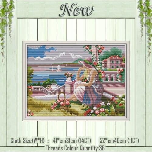 Girl looking at the sea scenery painting counted printed on the canvas DMC 11CT 14CT kits Cross Stitch embroidery needlework Set