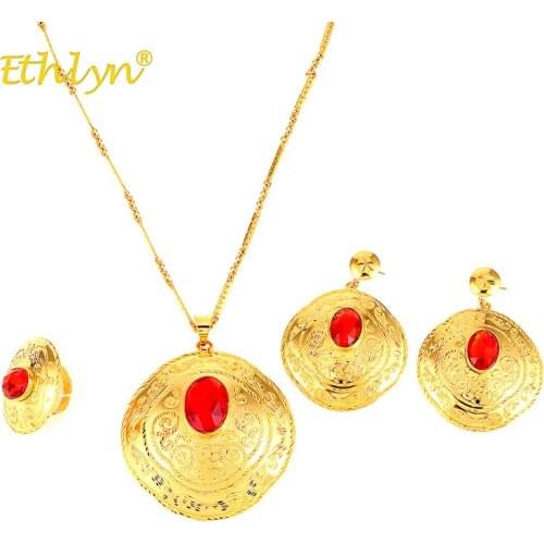 Ethlyn Fashion 2 colors 3Pcs Elegant Necklace/Earrings/Ring red Crystal Ethnic Jewelry Africa/the Middle East/Ethiopia Wedding