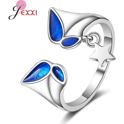 Trendy 925 Sterling Silver Blue Butterfly Adjustable Ring Star Finger Rings For Women Fashion Weddings Party Jewelry Gifts