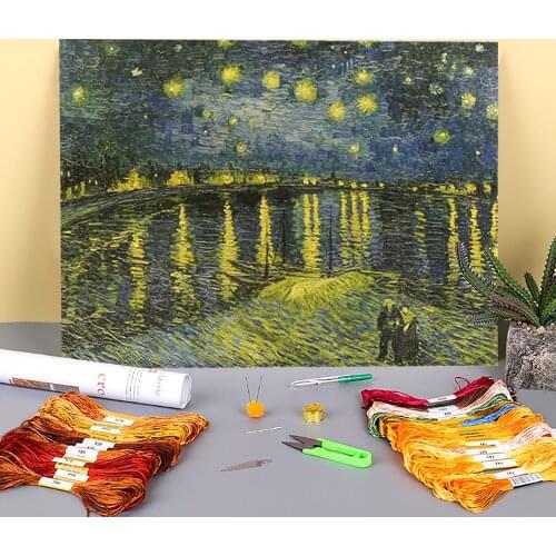 Landscape Famous Vintage Van Gogh The Starry Night Printed Water-Soluble Canvas 11CT Cross-Stitch Embroidery Design