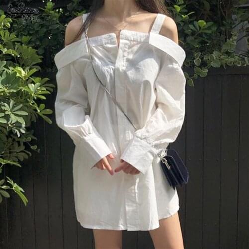 Autumn Korean New Mid Long Lazy BF White Shirt White/Black Blouses Tops Womens Fashion Long Sleeve Cardigan Blusas Mujer 12457